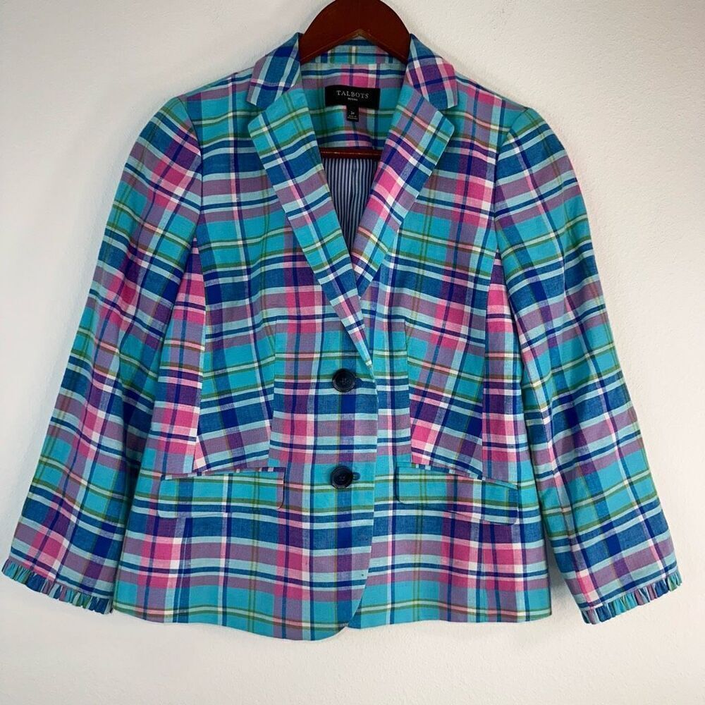Talbots Madras Plaid Double Button Sunshine Blazer Linen Cotton Blend Womens 2P